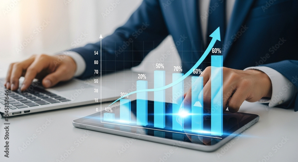 Poster A person in a suit working on a laptop with a graph overlayed on a tablet showing growth charts