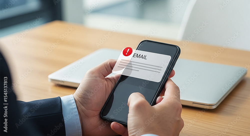 Poster person holding a smartphone with an email notification displayed on the screen near a laptop