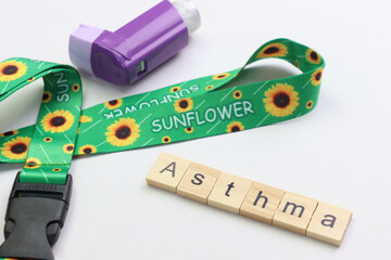 Hidden disability lanyard with a asthma device in a light background