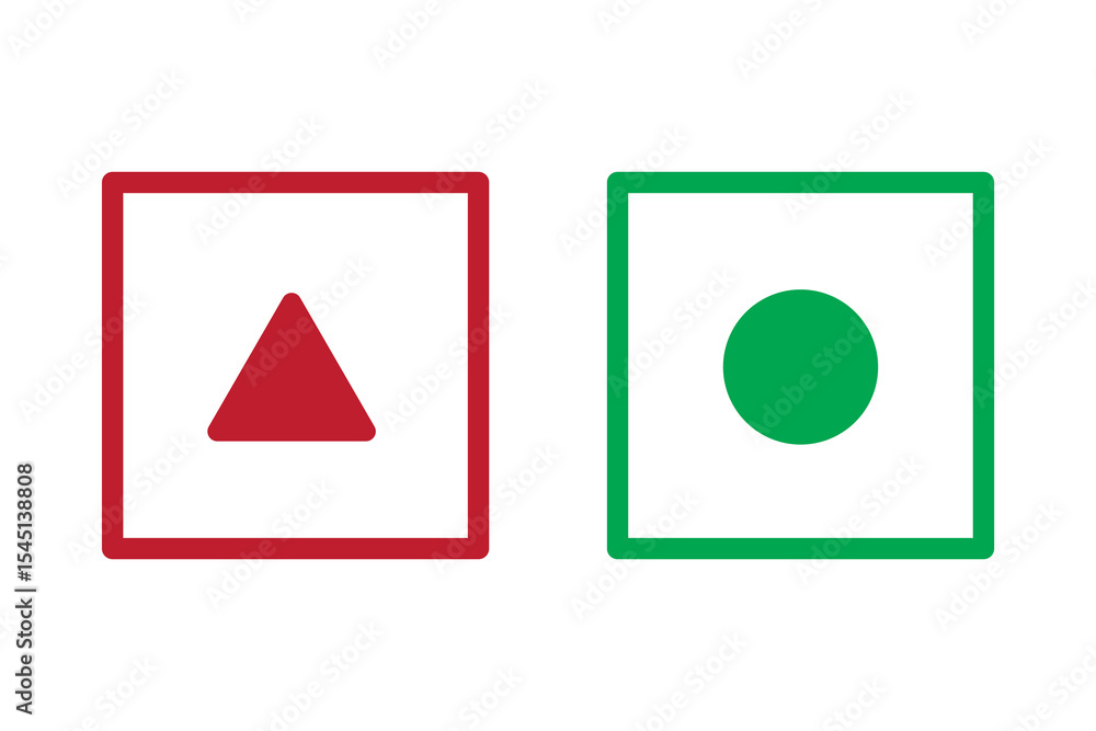 Poster two square icons with rounded corners one red and one green each containing a solid circle inside ce