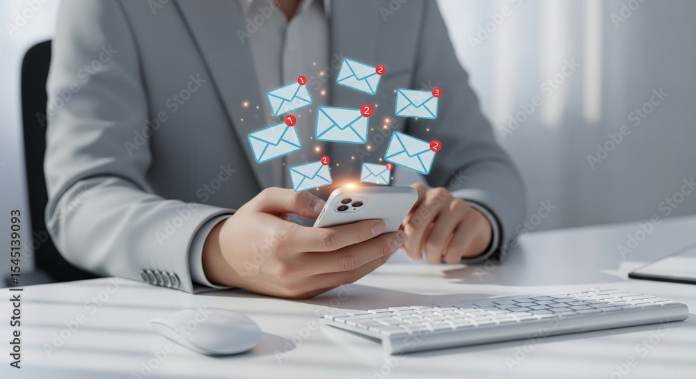 Poster person holding a smartphone with email notification icons above it in a business office setting