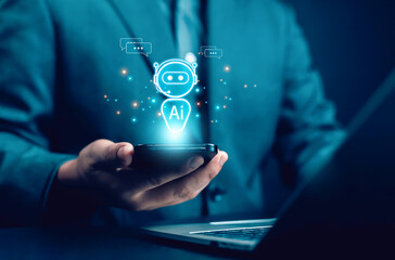 Businessman using technology connecting to the internet around the world, chatting, chatting with...