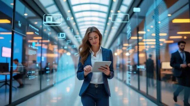 Businesswoman technology digital office tablet modern professional hallway innovation confident, using digital tablet modern office corridor surrounded by virtual technology icons, confidently - Powered by Adobe