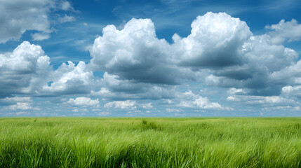 Obraz premium Vibrant Green Grass Field under a Blue Sky with Puffy White Clouds