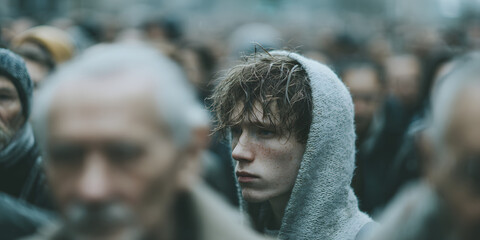 Alone in the Crowd: A solitary figure stands out within a bustling crowd, their gaze fixed with a sense of introspection and melancholy. A poignant portrait of isolation and quiet reflection.
