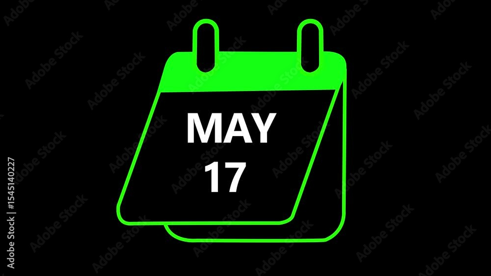 Poster may 17 daily calendar icon animation on transparent background. calendar with the date may 17 on a b