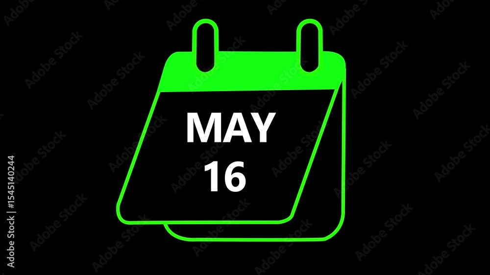 Poster may 16 daily calendar icon animation on transparent background. calendar with the date may 16 on a b