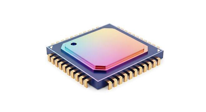 Close-up of Computer Chip with Rainbow Refraction Effect