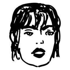 Head of a pretty brunette girl with short hair. Female portrait. Face of a beautiful young woman. Hand drawn linear doodle rough sketch. Black and white silhouette.