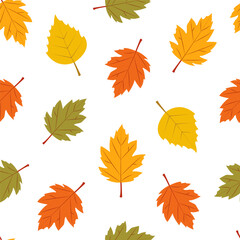 Colorful autumn leaves scattered on a white background create a vibrant seasonal pattern. Seamless pattern