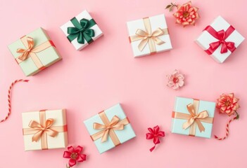 Obraz premium Elegant gift boxes arranged on a soft pink background, top view, branding, valentine's day