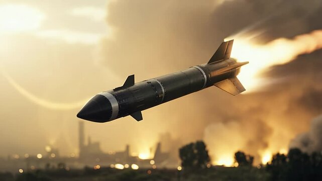 Missile Launch: A high-impact illustration captures the moment of a missile launch, with billowing smoke and flames, set against a backdrop of an industrial complex.