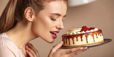 A woman with closed eyes eagerly leans in to smell or taste a beautifully decorated caramel-drip cake topped with raspberries and whipped cream.