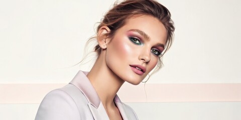 A stylish young woman with flawless makeup and a confident expression poses against a minimalist background, showcasing modern beauty and fashion.