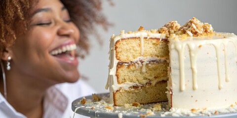 A joyful woman enjoys a slice of moist layered cake with creamy frosting and caramel drizzle.