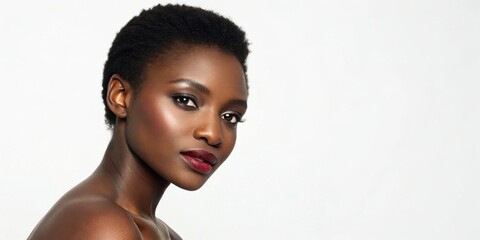 Portrait of a confident Black woman with short hair and radiant skin, looking over her shoulder against a plain white background.