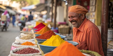 A smiling vendor at an outdoor market sells vibrant spices, showcasing a colorful and lively street scene.