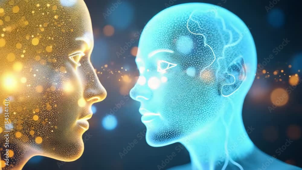 Poster digital human face artificial intelligence technology futuristic glowing abstract neural network inn
