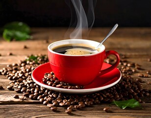 A steaming red cup of coffee with coffee beans on a wooden table