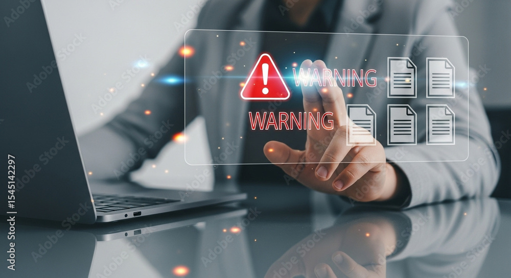 Poster Person interacting with warning interface on laptop showing data security risk alert system