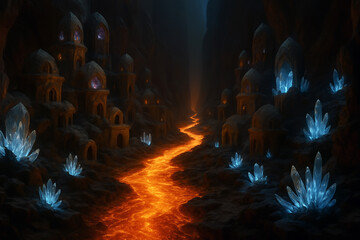 Fototapeta premium Lava river pathway through a crystal cave village