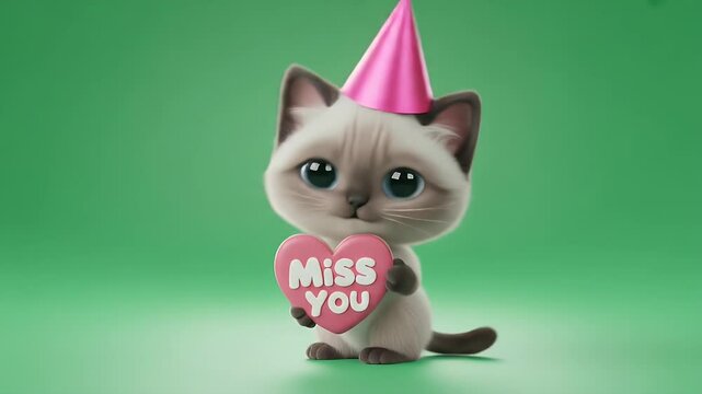 Charming Kitten Holding a Miss You Heart Sign Wearing Pink Party Hat Isolated by Green Screen