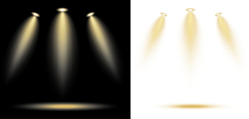 Triple golden spotlight beam vector design, realistic stage lighting effect in black and transparent background, for concert, theater, or product highlight concept