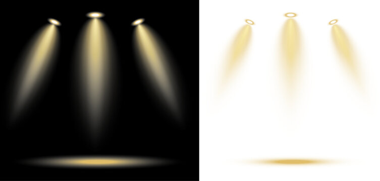 Triple golden spotlight beam vector design, realistic stage lighting effect in black and transparent background, for concert, theater, or product highlight concept