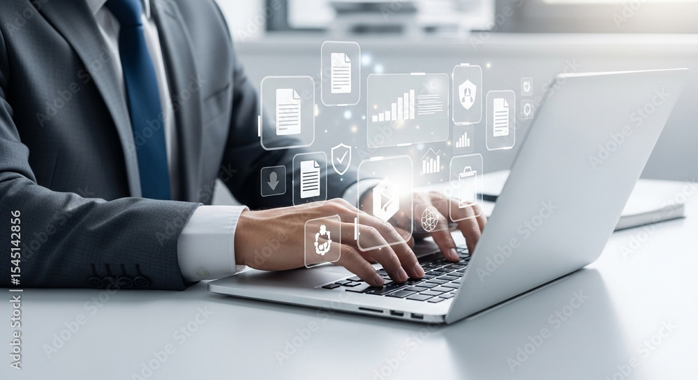 Poster businessman typing on laptop with digital document icons floating above the keyboard in bright offic