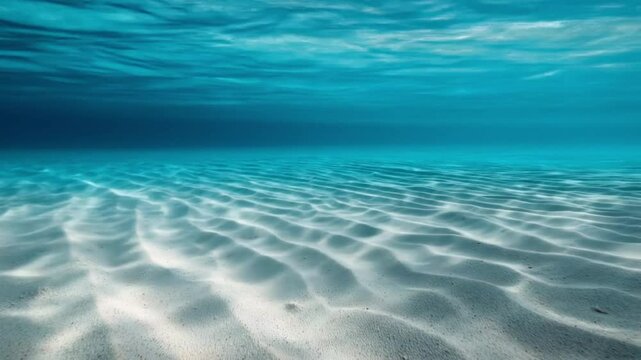 Underwater view with a sandy bottom. Calm underwater shots of the clear ocean with patterns of sunlight dancing on the sandy bottom. For themes related to nature, leisure, travel, diving, marine life 