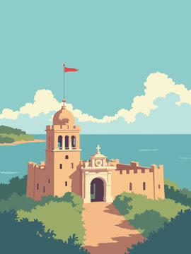 Luanda, Angola - Fort S&atilde;o Miguel, Mausoleum of Agostinho Neto, Luanda Bay in fort tan, mausoleum red, bay blue, and tropical green