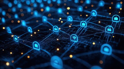 Abstract Global Network Visualization with Glowing Blue Nodes and Links