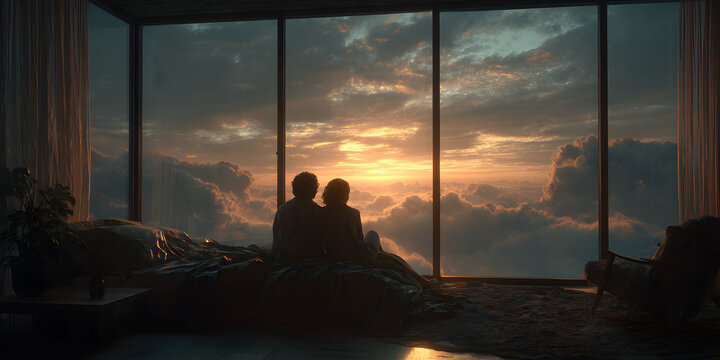 Serene Sunset Moment: A couple sits in comfortable embrace by a large window, their silhouettes framed against the fiery sunset, a moment of intimacy and tranquility.
