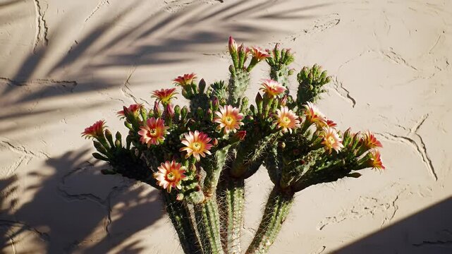 Beavertail Cactus Blossoming Time Lapse Against Textured Wall with Flower Bloom in Desert Botanic Garden