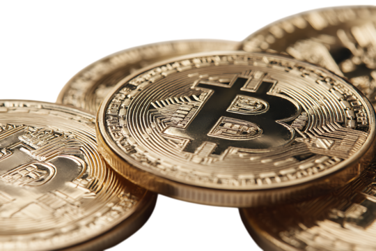 Close up of several gold Bitcoin coins.