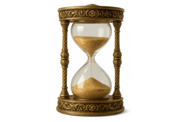 Golden hourglass with ornate details marking the passage of time, isolated on a transparent background