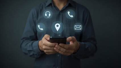 Person Holding Smartphone with Glowing Digital Icons for Contact Us, Customer Service, and Location Information, Symbolizing Global Communication and Support.
