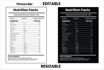Fitness Bar, nutrition facts, nutrition, nutrition label, calories in food, nutrition info, supplement facts, vector template
