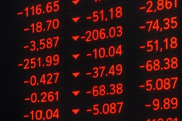 Fototapeta premium Stock Market Data Display with Declining Figures in Bright Red Numbers