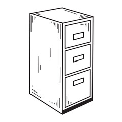 Hand drawn black and white vintage art silhouette of a three drawer filing cabinet