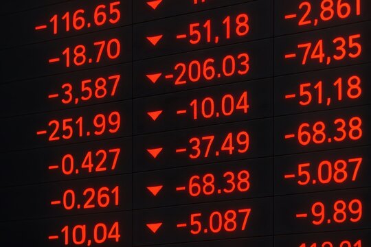 Stock Market Data Display with Declining Figures in Bright Red Numbers