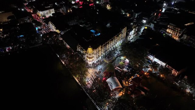 Aerial footage of the Kandy Esala Perahera, Sri Lanka&rsquo;s most iconic cultural festival. The drone captures the grand procession with traditional dancers, fire performers, drummers, and richly adorned e
