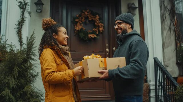 Smiling delivery man delivers fresh groceries to a happy customer at home, showcasing convenience and excellent service