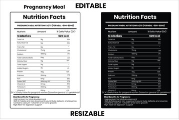 Pregnancy Meal, nutrition facts, nutrition, nutrition label, calories in food, nutrition info, supplement facts, vector template