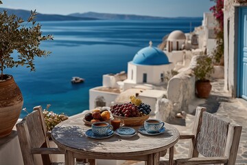 Obraz premium Greek Breakfast Table With Fruit, Coffee, and Aegean View Beyond