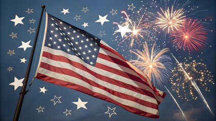 American Flag with Fireworks and Stars – 4th of July Celebration Background