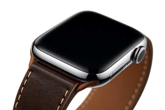 Smartwatch with brown leather strap on black background.