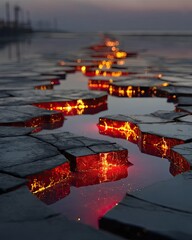 Abstract Red Lights Floating Above Wet Cracked Tiles