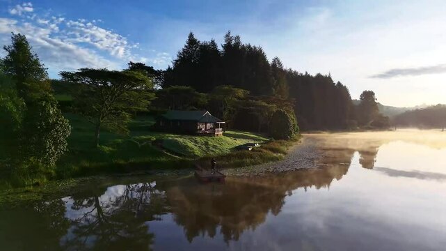 Fly away drone over an African man stands on a wooden dock  by Dimbolil Dam cabin by lush greenery