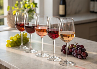 Naklejka premium Four different types of wine glasses are lined up next to a bunch of grape.